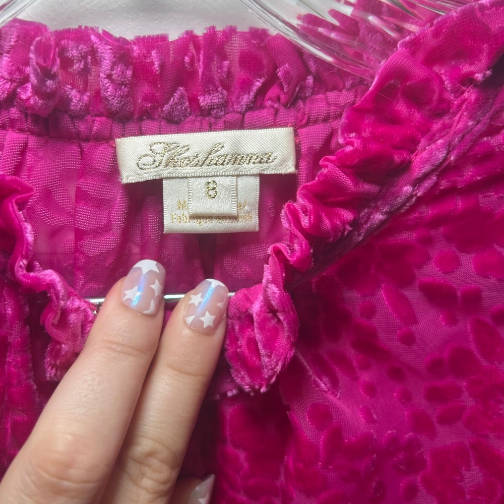 Shoshanna Magenta Pink Burnout Velvet Ruffle Mini Dress 8 Smocked Waist party - Picture 7 of 9